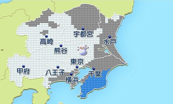 関東の分布予想（５日午前９時）白色が雪、青色は雨