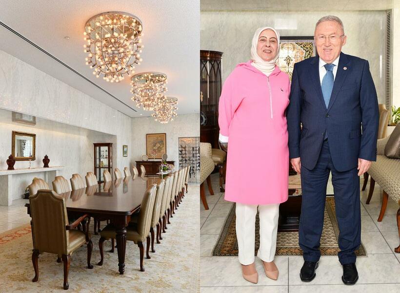 【左】トルコ大使公邸のダイニングルーム。トルコ産大理石をふんだんに使った、モダンな空間　【右】ハサン・ムラット・メルジャン特命全権大使とインジ夫人　（撮影／写真部・掛祥葉子）