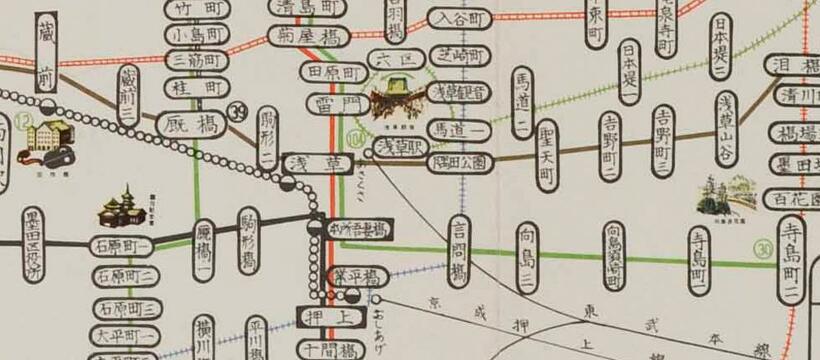 昭和４０年３月の路線図。浅草界隈。（資料提供／東京都交通局）
