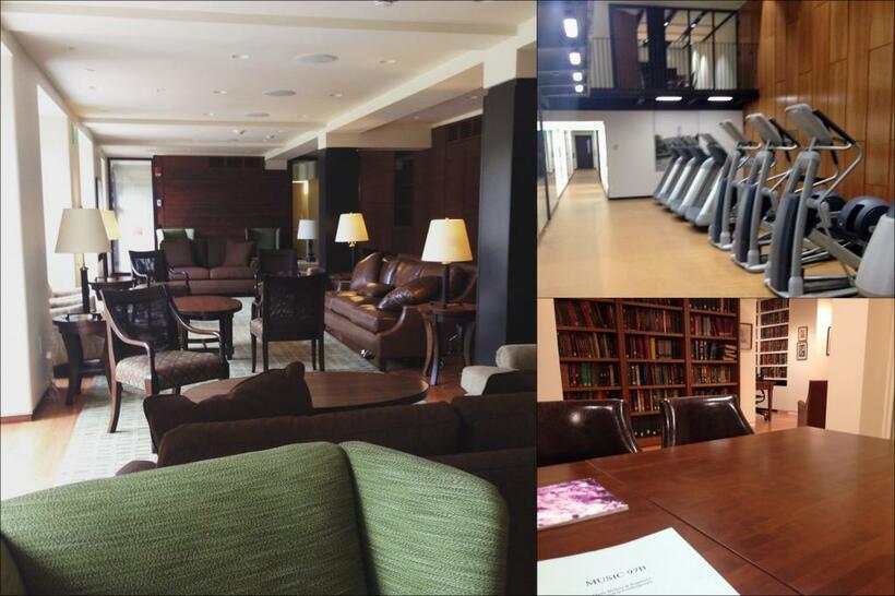 寮のロビーとジム、図書館。寮は廣津留さんの在学中にリニューアルし、ホテルのような雰囲気だった。（廣津留さん提供）