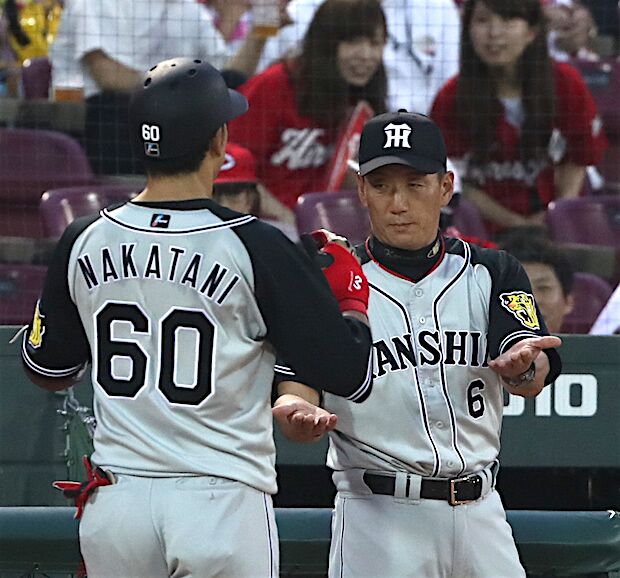 先制本塁打の中谷（左）をベンチ前で出迎える金本監督　（ｃ）朝日新聞社