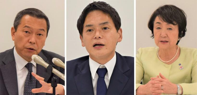 左から横浜市長選に立候補した小此木氏、山中氏、現職の林氏（C)朝日新聞社