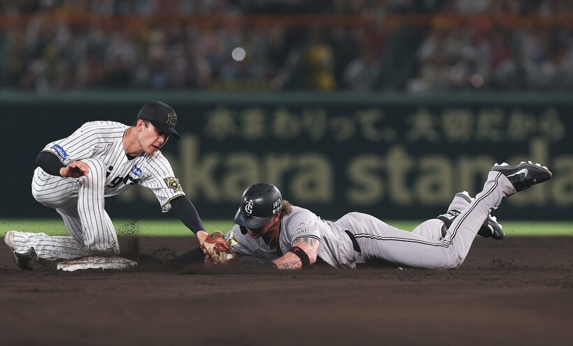 7月1日の阪神戦で右前打を放ち二塁を狙ったが、好返球でアウトとなったキャベッジ（日刊スポーツ）