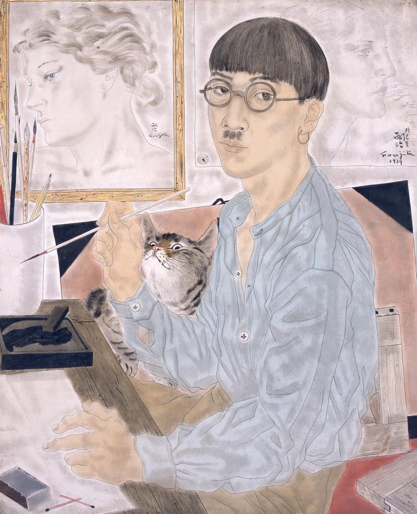 「自画像」/面相筆とすずりで作品を描く藤田を自身で描いた。猫と女性像という人気のモチーフも見える/1929年 油彩・カンヴァス 東京国立近代美術館蔵 (c)Fondation Foujita/ADAGP, Paris & JASPAR, Tokyo, 2017 E2833