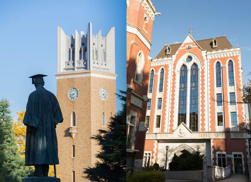 日本の私学を代表する早稲田大学（左）と慶應義塾大学（撮影／写真部・戸嶋日菜乃、張溢文）