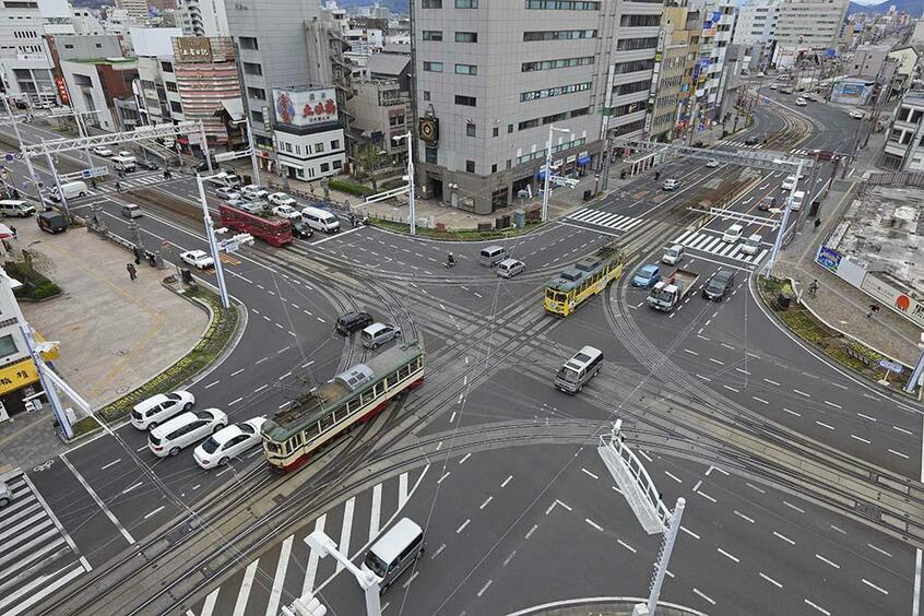 「写真家たちの日本紀行」のロケーションで俯瞰撮影したダイヤモンドクロッシングの全貌。はりまや橋(撮影/諸河久:2010年3月8日)