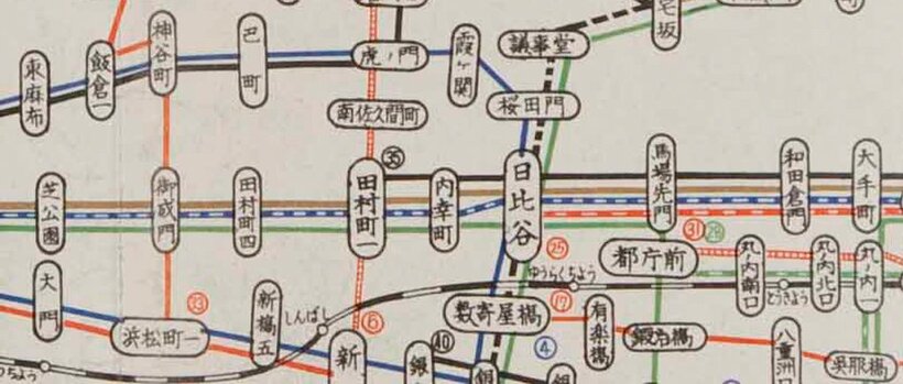 昭和３８年２月の路線図。日比谷界隈（資料提供／東京都交通局）