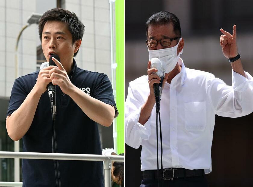 日本維新の会・吉村洋文副代表（左）と松井一郎代表（右）
