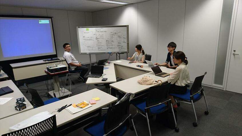 グループワークのメンバーで、ケーススタディをもとに議論。ホワイトボード横の女性が金井さん。付箋を使って、アイデアを書き出す(写真提供/金井絵理さん)