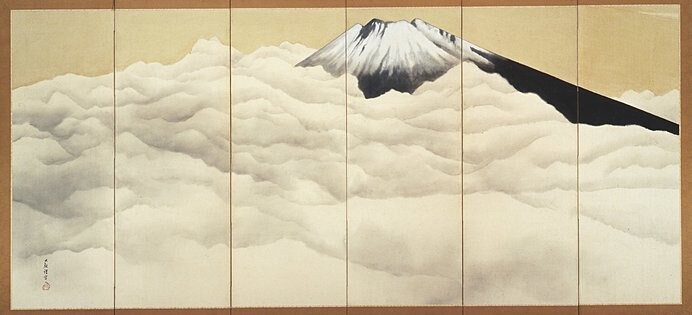 横山大観 富士図（左隻） 1945年頃 屏風　六曲一双　紙本着色金泥　171.5×386.2