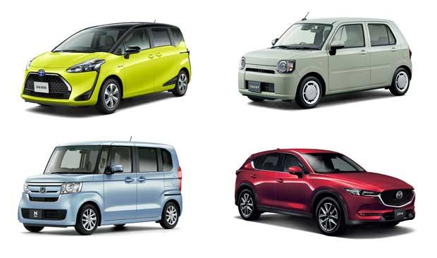 (左上)コンパクトミニバンの「シエンタ」。最大7人乗りの3列シート車とたっぷり荷物を載せられる2列シート車がある(トヨタ提供)/(左下)昨年度の国内新車販売ランキング1位の「N-BOX」。ハイトワゴンの軽自動車だが、ホンダが誇る安全機能を標準装備(ホンダ提供)/(右上)女性向けのポイントが、予想外にシニア層から好評だった「ミラトコット」(ダイハツ提供)/(右下)SUVの人気車種「CX-5」。デザインを支持してマツダ車を選ぶ人も多いだろう(マツダ提供)