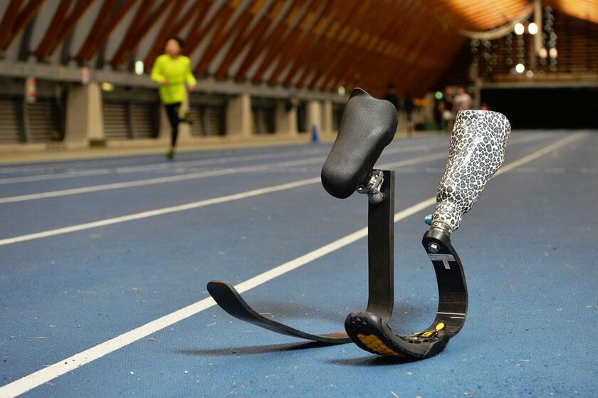 サイボーグ社の競技用義足（左）と一般向けスポーツ用義足。世界最速を目指す一方で、義足で走ることのハードルを下げることにも力を入れる（撮影／写真部・掛祥葉子）