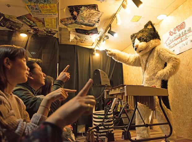 ライブ中のむぎ（猫）。新しい体を飼い主のゆうさくちゃんが作り、天国から戻ってきた。レコーディングはゆうさくちゃんと共同で行うという（撮影／写真部・小山幸佑）