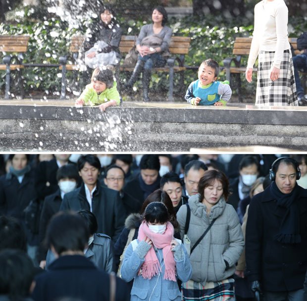 今年は特に寒暖差が激しい。２月１４日、東京都心では最高気温２３度を記録。翌日の１５日は最低気温が３．２度だった。写真上は２月１３日、下は１６日の都内の様子　（ｃ）朝日新聞社