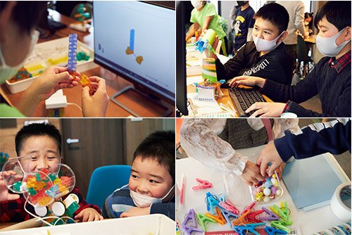 ビジュアルだけの組み立て説明を子どもたちは直感的に理解。
<br />ロボットの動きを見ながら、工作を加え、プログラミングの微調整を繰り返す。余ったブロックや教室内の備品なども使って遊び方はどんどん複雑に。女の子はカラフルな配色でゲームを盛り上げようとする工夫にも積極的