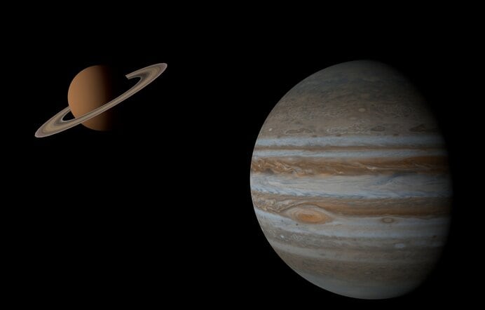 5つの外惑星のうち巨大ガス惑星と言われる木星と土星※イメージ