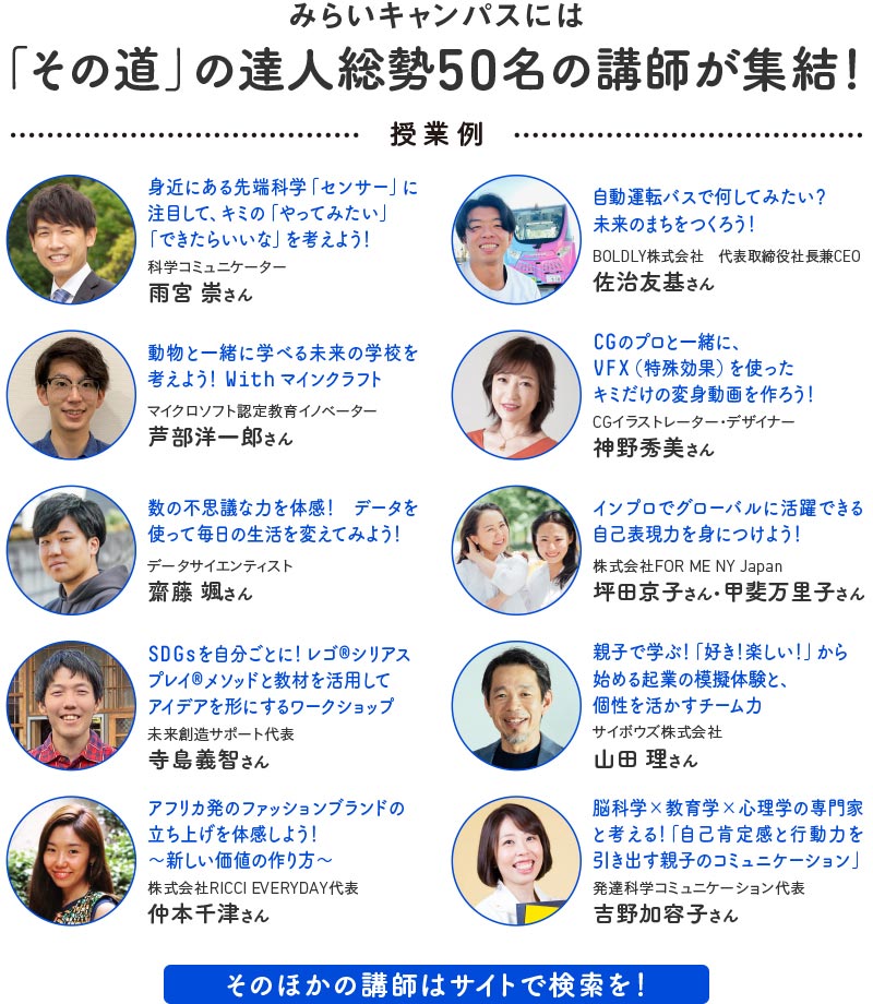 みらいキャンパスは、「未来の自分を創る」「新しい可能性のカケラを見つける」学びを、実社会で活躍する一流の講師陣とともにお届け。子どもたちの個性・特性を引き出し、次の学びにつなげる「自分の軸」を伸ばします。