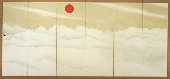 横山大観 富士図（右隻） 1945年頃 屏風　六曲一双　紙本着色金泥　171.5×386.2