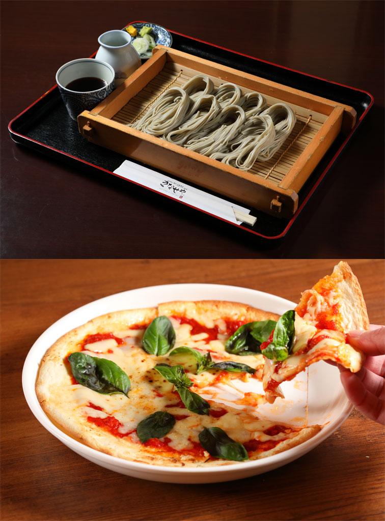 きなせや．飯田橋総本店の「へぎそば」（上）と地中海バル 463のピザ・マルゲリータ（下）。どちらも、フードパスポートを使えば「１０食で９８０円」の１食に（撮影／倉田貴志）