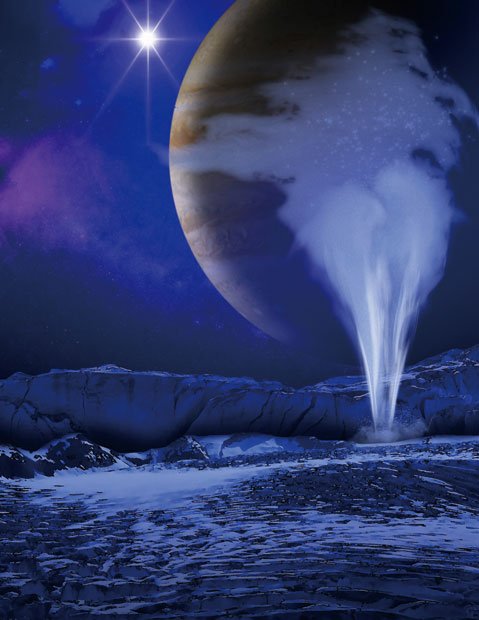 エウロパをおおう氷の割れ目から吹き出す水蒸気の想像図。うしろに見えるのは木星（提供：ＮＡＳＡ／ＥＳＡ／Ｋ．Ｒｅｔｈｅｒｆｏｒｄ／ＳＷＲＩ）