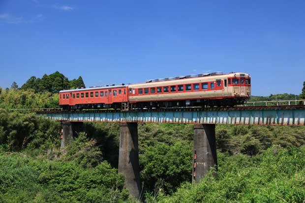 国鉄急行色に塗られたキハ２８（右）、朱色の首都圏色のキハ５２（左）。キハ２８は車内を改装してレストラン列車に（写真：いすみ鉄道提供）
