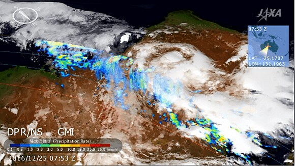 図１　2016年12月25日のオーストラリア内陸部の雲と降水の強さ（JAXA GPM/DPR）