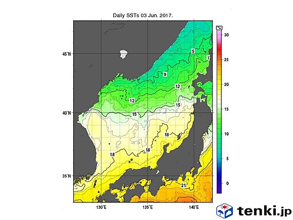 日別海面水温図（日本海　6月3日　気象庁ホームページより）