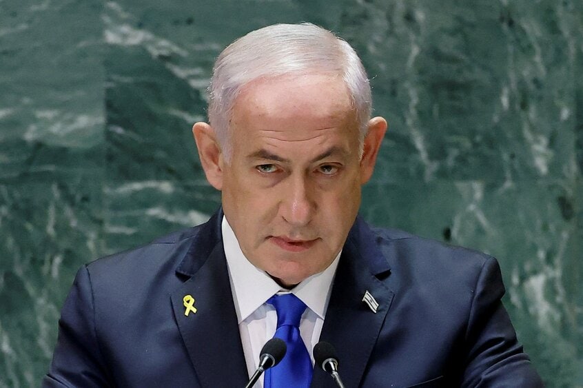 第79回国連総会で一般討論演説をするイスラエルのベンヤミン・ネタニヤフ首相=2024年9月27日(写真:ロイター/アフロ)