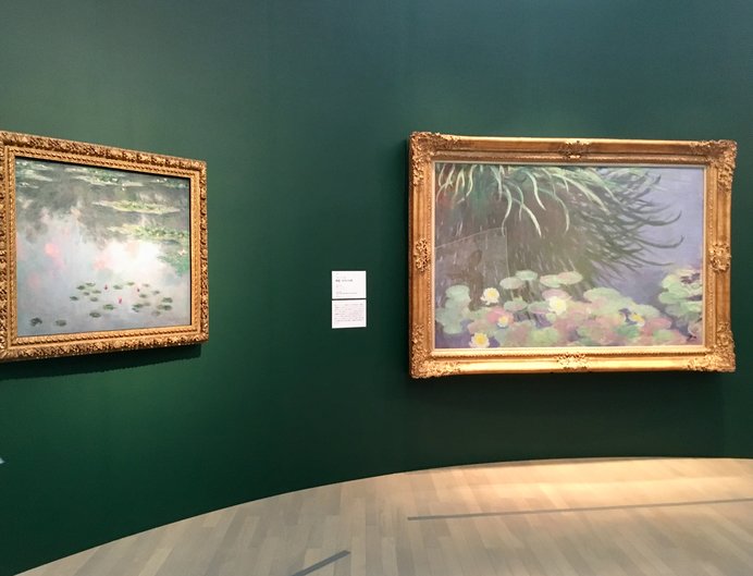 モネ 左:《睡蓮》1906年山形美術館に寄託,右《睡蓮–水草の反映》ナーマッドC