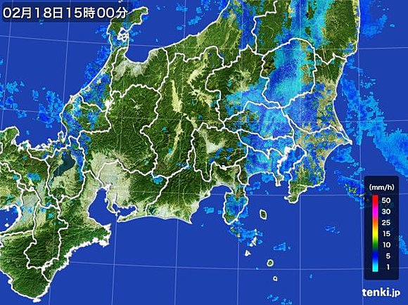 関東周辺の雨雲・雪雲のようす（１８日１５時現在）