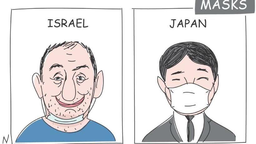 イスラエルの地元新聞ではユダヤ人のマスクの着け方をやゆしていた（ニシム・オトマズキン提供）