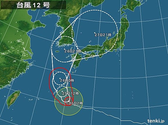 台風１２号の予想進路（２５日午前２時現在）