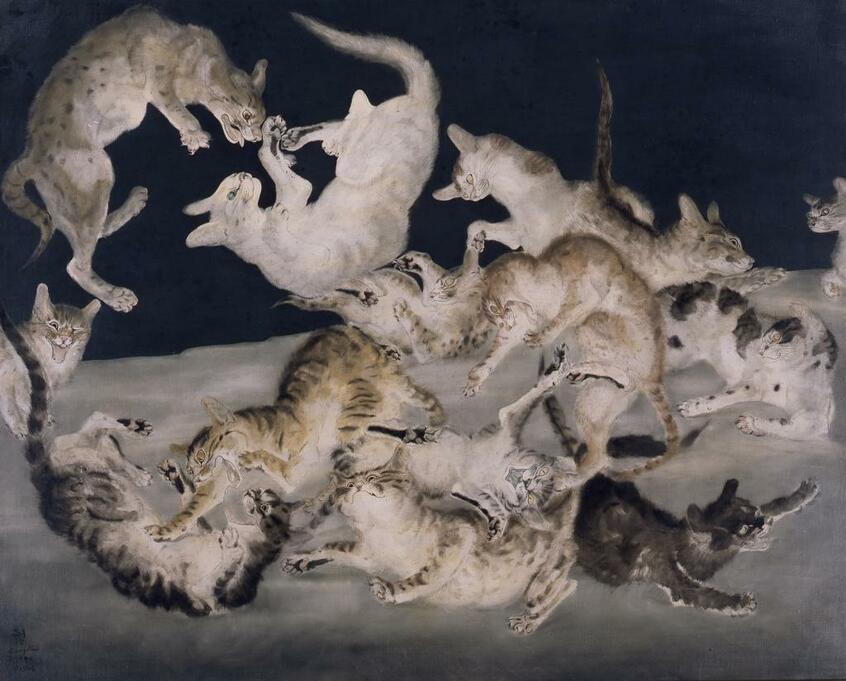 「争闘(猫)」/第2次世界大戦中、ドイツ軍が迫るパリで描かれた。帰国後、1940年の二科展出品時「争闘」というタイトルが付けられた/1940年 油彩・カンヴァス 東京国立近代美術館蔵 (c)Fondation Foujita/ADAGP, Paris & JASPAR, Tokyo, 2017 E2833