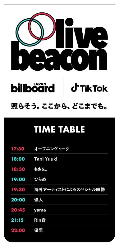 瑛人/Tani Yuuki/ひらめ/もさを。/yama/優里/Rin音が出演　Billboard JAPANとTikTokによる配信ライブ【LIVE BEACON 2021】タイムテーブル発表