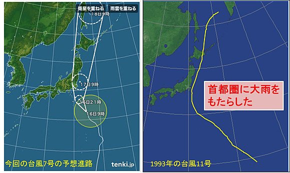 左は台風7号の予想進路　右は1993年の台風11号の経路図（イメージ）