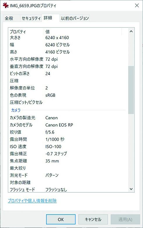 Windowsのエクスプローラーで目的の画像ファイルを右クリックしてプロパティを開く。詳細タブでExifタグを確認できる（撮影／アサヒカメラ編集部）
<br />