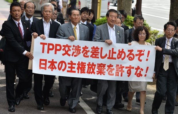 TPP違憲訴訟の原告団。TPPは日本の制度を多国籍企業の都合に合わせた仕組みに改変し、憲法の幸福追求権、知る権利、生存権、司法主権を侵害すると主張する／５月１５日、東京地裁（撮影／写真部・東川哲也）