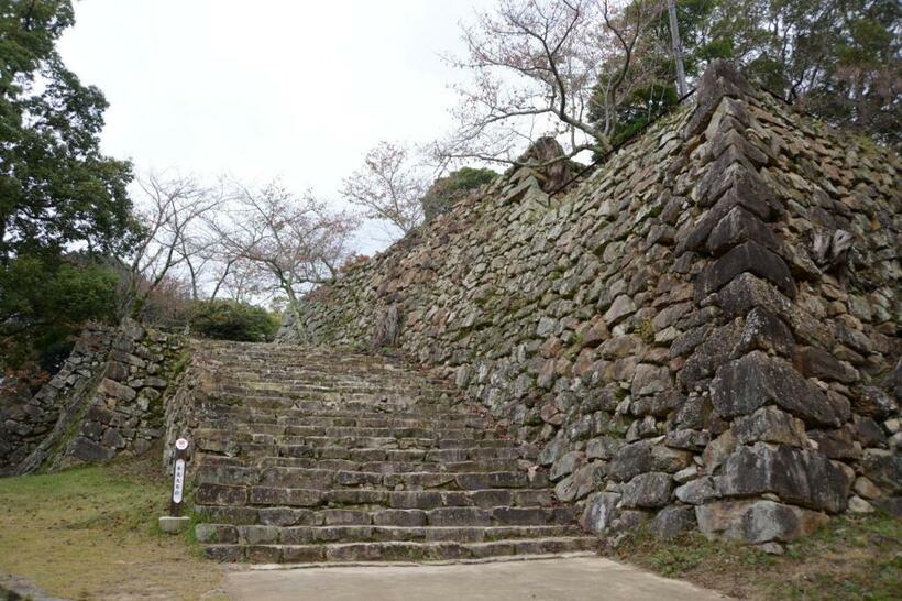 洲本城（兵庫県）の本丸大石段。本丸の大手虎口に至る階段で、幅は5mほどもある。城主の権威を高めるため、重厚な石段によって構築されている。