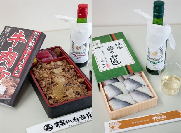 黒毛和牛すきやき　牛肉重（左）には赤伝承　鰺の押し寿司（右）には白全体的に白っぽい色彩のお弁当などには白ワイン、茶系が多いものには赤ワイン、中間色の場合はロゼワインを合わせるのがおすすめ（撮影／写真部・加藤夏子）
<br />