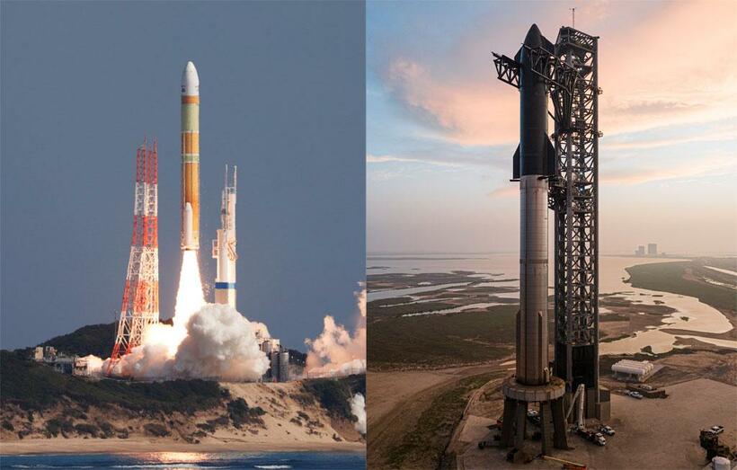 スペースＸ社の超巨大打ち上げシステム「スターシップ」（右）と、種子島宇宙センターから打ち上げられたＪＡＸＡの「Ｈ３」［写真：ＳｐａｃｅＸ提供（スターシップ）、ＪＡＸＡ提供（Ｈ３）］