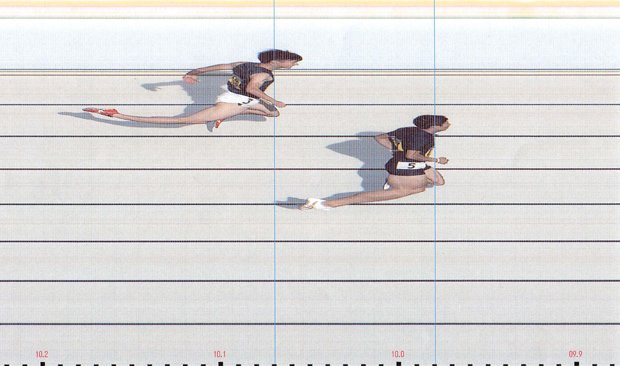 桐生が日本新を記録したレースの判定写真。1000分の1秒間隔のスリットで判定される。桐生は9秒98、2位の多田修平は10秒07のスリットでゴールを通過(写真:日本学生陸上競技連合提供)