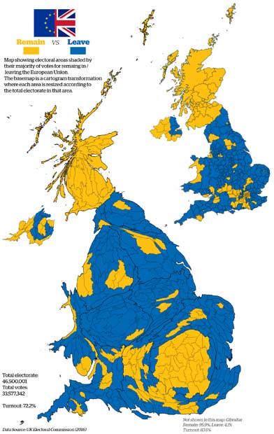 英国EU離脱に見る分断／EU離脱を決めた英国の国民投票の結果に、人口立体地図を重ねた。残留派、離脱派がより拮抗している様子がわかる（地図提供：Ｂｅｎｊａｍｉｎ　Ｈｅｎｎｉｎｇ　http://www.viewsoftheworld.net/）