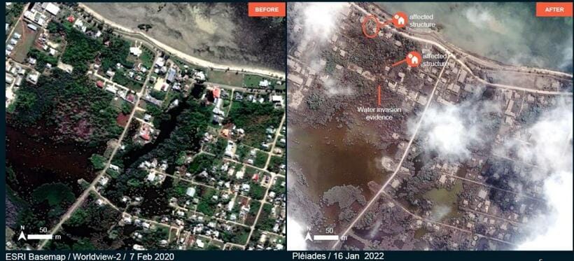 津波と火山灰に襲われたトンガの街。左が噴火前、右が噴火後（国連衛星センターより）