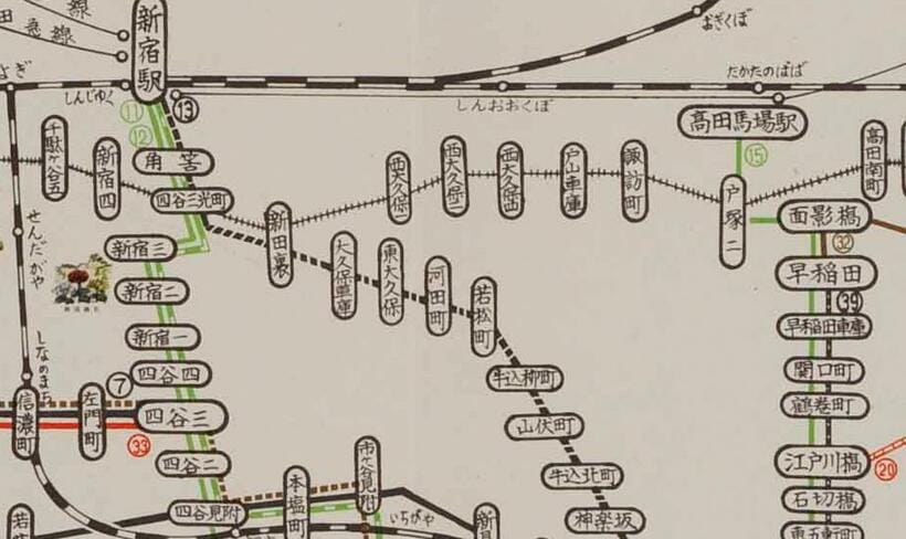昭和３９年４月の路線図。東大久保～牛込界隈（資料提供／東京都交通局）