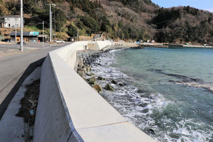 蛤浜の防潮堤。海からは約5mの高さがあるが、集落側からは1mほど。ただし、長期的にはさらに1mほど高くする計画があるという(撮影/編集部・川口穣)