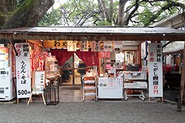 境内にあるおやすみ処。「お詣りすると必ず寄ります。桜エビかきあげうどん（500円）がおすすめよ！」と語る湯川さん