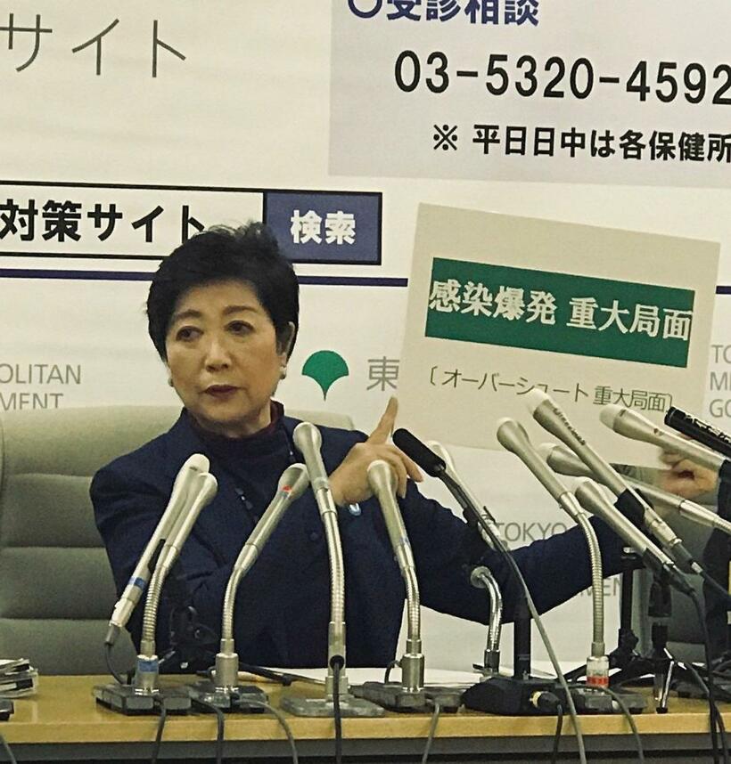 「感染爆発　重大局面」のボードを掲げる小池百合子・東京都知事＝撮影・上田耕司