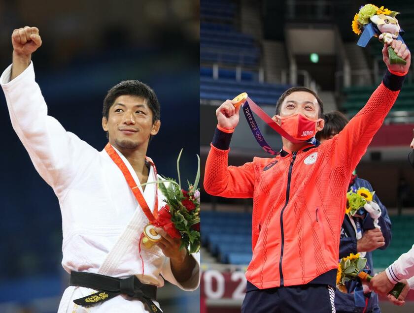 北京五輪で金メダルを獲得した内柴正人氏（左）、東京五輪男子６０キロ級で金メダルを獲得した高藤直寿(c)朝日新聞社