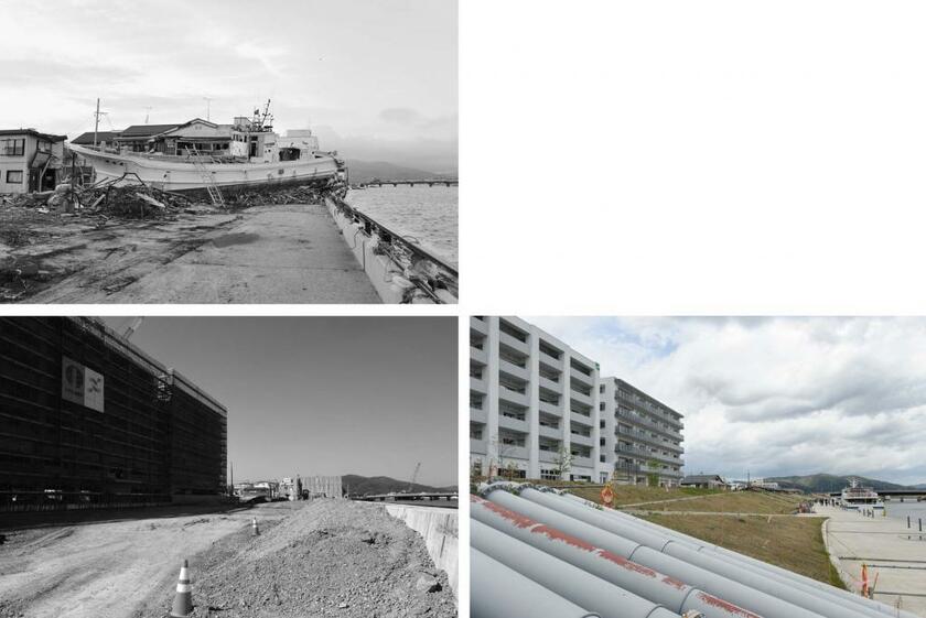 「石巻市中央1丁目15番」。左上から反時計回りに2011年5月7日、16年5月8日、21年5月3日撮影。中央１丁目の一画。11年の写真では、津波により陸に乗り上げた船舶が見える。16年、21年の写真、画面左側の大きな建物は「リバーサイドMOTOMACHI」。この建物は復興公営住宅、分譲マンション、デイケアサービス施設を組み合わせた複合施設として建設された。21年の写真、画面中央右には「網地島ライン」の発着所にたたずむ連絡船が見える（写真とキャプション：齋藤大輔）