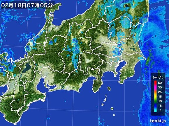 関東の雨雲・雪雲の様子（18日午前7時頃）